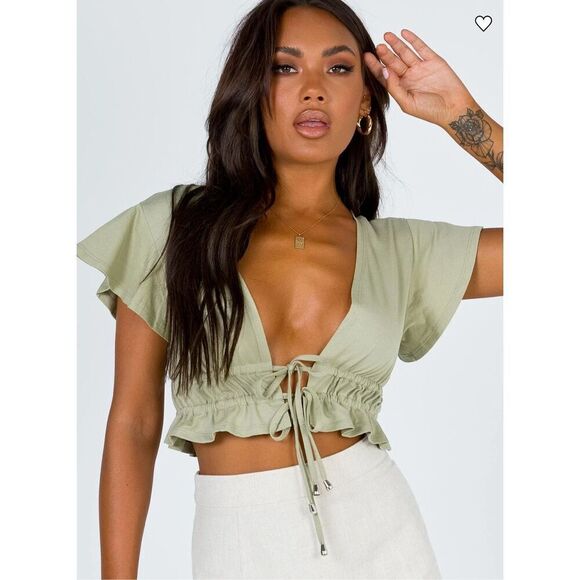 Princess Polly Tops - princess polly jamison reid crop top khaki green tie front plunge neck ruffle 8